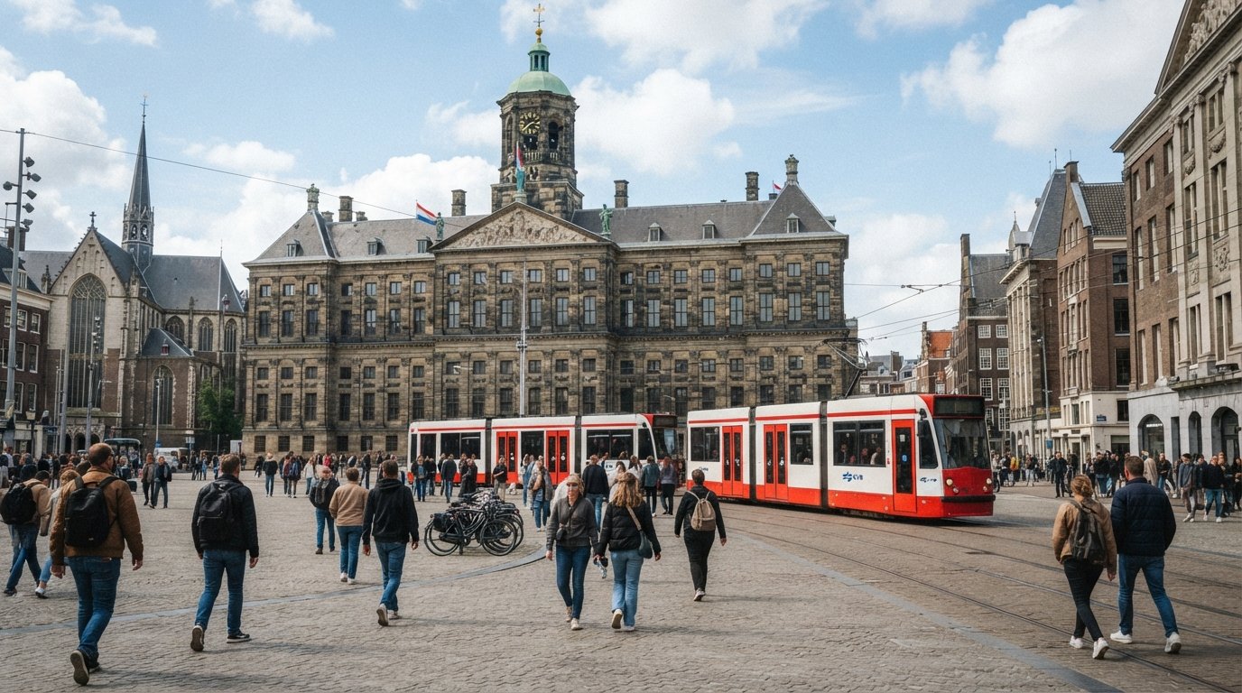 Dam Square in Amsterdam-Centrum mit dem Königlichen Palast gegenüber der Nieuwe Kerk, Straßenbahnen und Fußgängern, die den steinernen Platz unter einem hellen Stadthimmel füllen