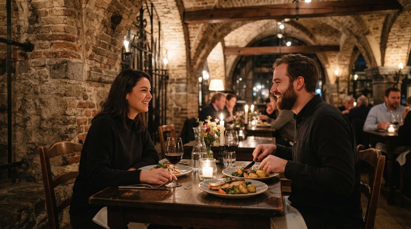 ein kerzenbeleuchteter Tisch im In de Waag auf dem Nieuwmarkt, unter den Backsteinbögen des Torhauses von 1488, mit modern-europäischen Tellern und weichem gelbem Licht