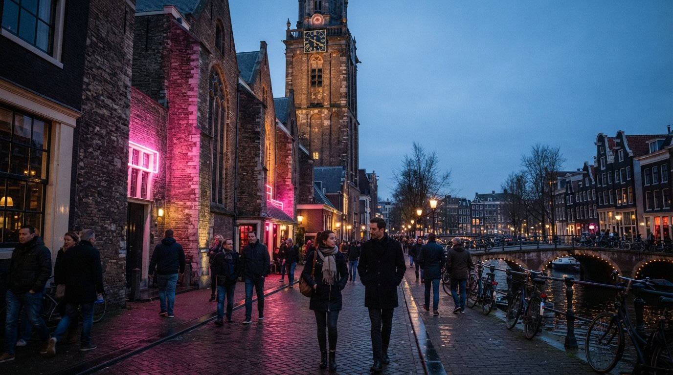 die Oude Kerk in De Wallen in der Dämmerung, mittelalterlicher Backstein beleuchtet von pinkem Neon aus nahen Fenstern, mit dem alten Kirchturm, der über der engen Straße aufragt