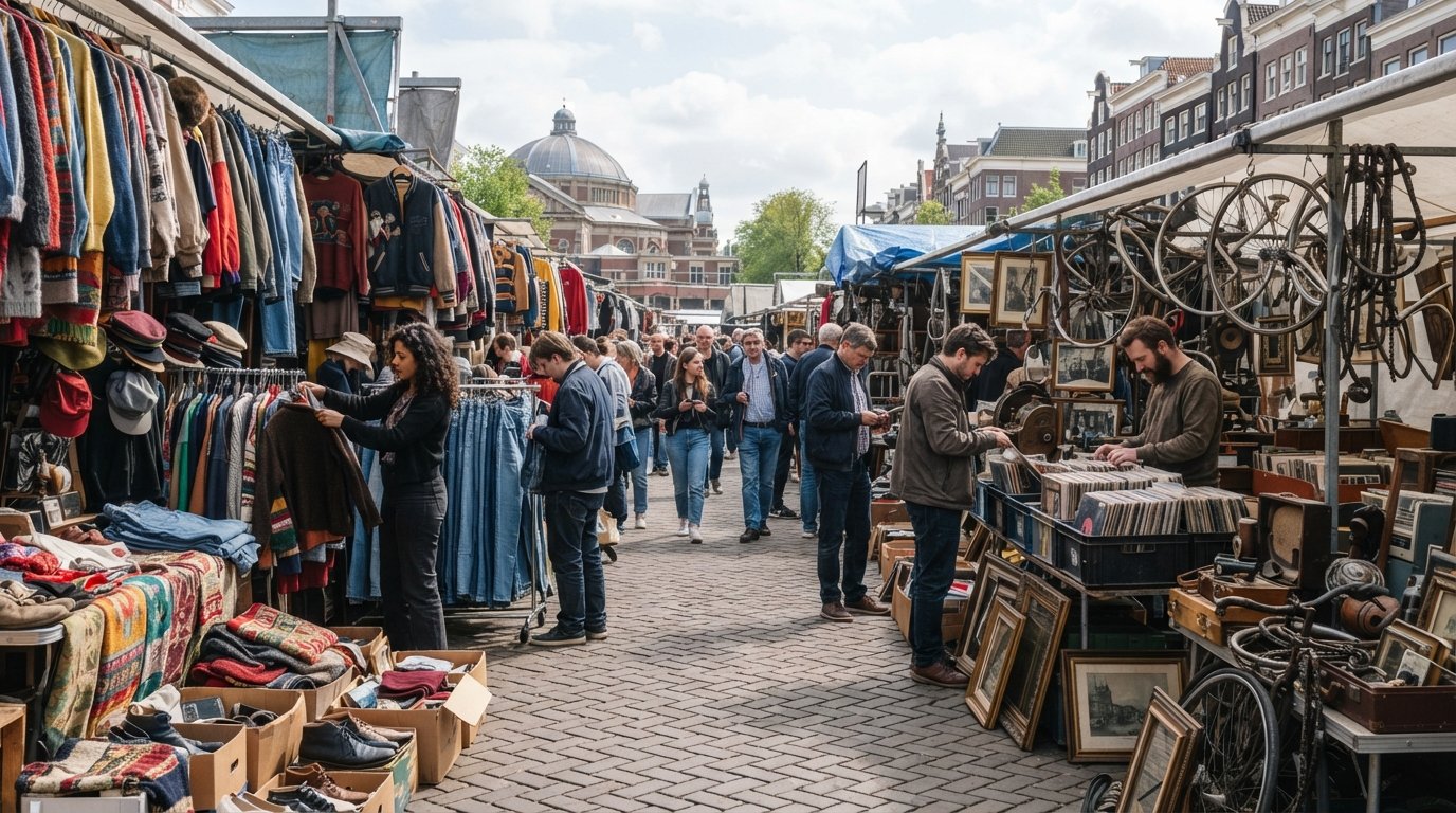 der Waterlooplein-Flohmarkt mit Reihen von Vintage-Kleidung, Platten und Fahrradteilen, die unter freiem Himmel auf Ständen ausgebreitet sind