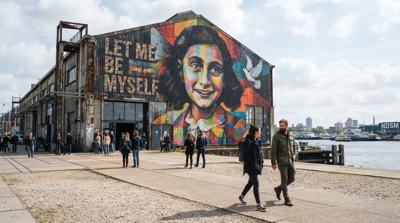 STRAAT Museum의 외관, NDSM에 위치, Eduardo Kobra의 거대한 안네 프랑크 벽화가 밝은 IJ 강변 하늘 아래 정면을 덮고 있음