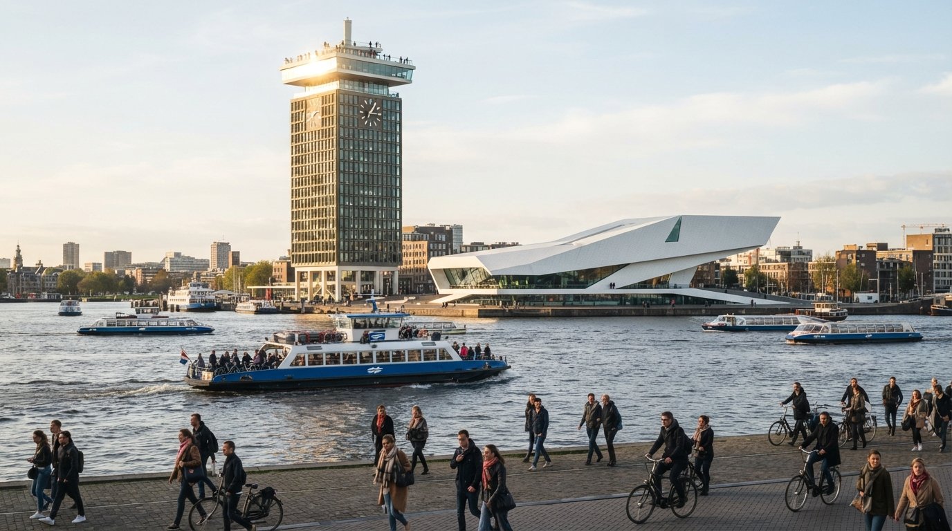 늦은 오후의 A'DAM Tower와 EYE Filmmuseum, IJ 강을 마주보고 있으며, 페리들이 앞을 지나가고 탑의 옥상 데크가 빛을 받고 있음