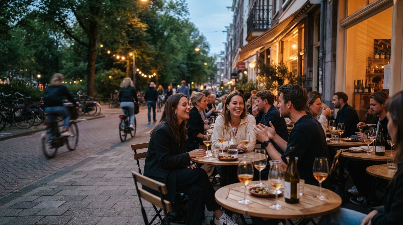 Tweede van der Helststraat 3号Glouglou的露台在一个温暖的夜晚,自然葡萄酒杯和低矮的桌子延伸到萨帕蒂公园附近的人行道上