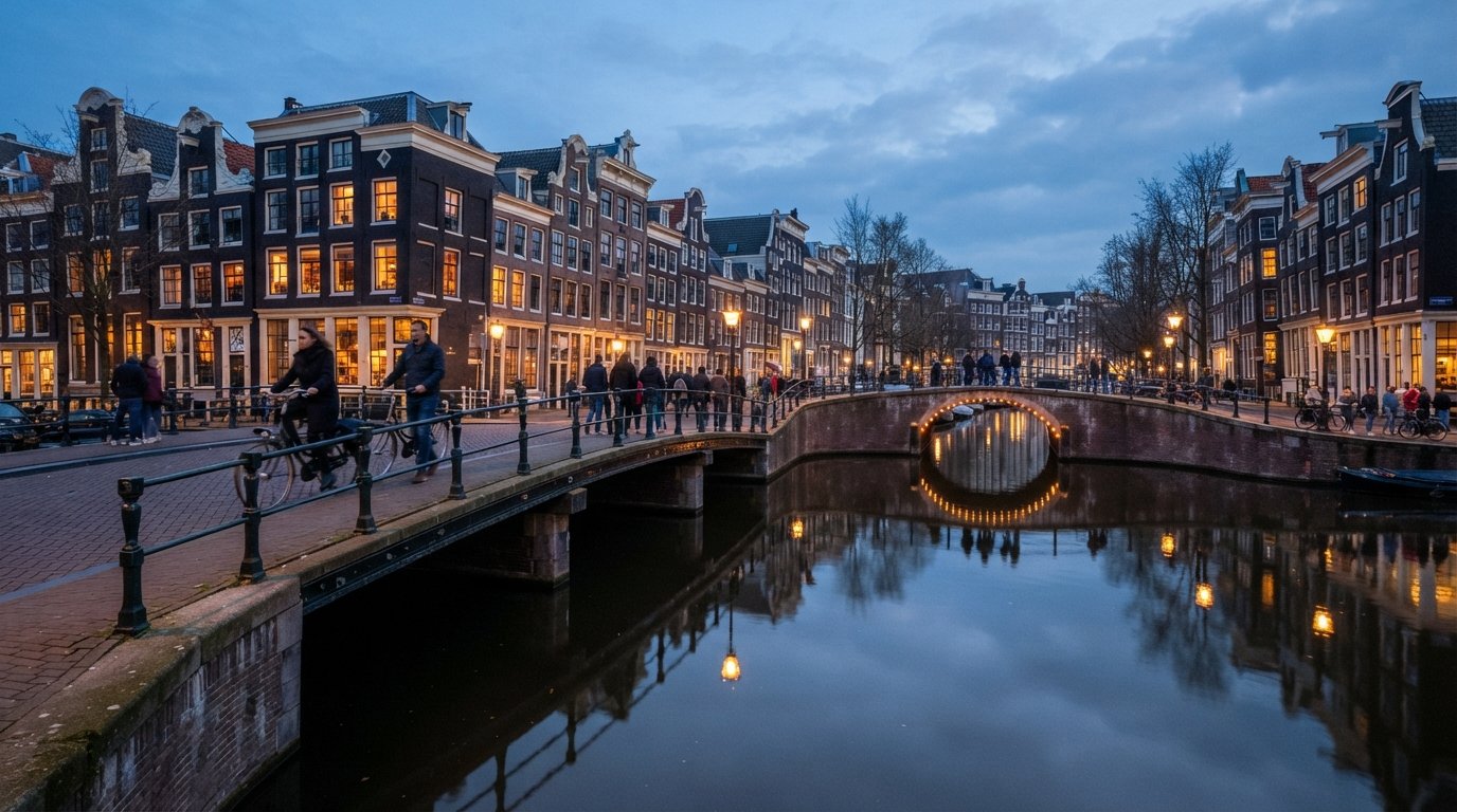 l'Herengracht e le sue case sui canali inclinate del Seicento riflesse nell'acqua ferma al tramonto, con un ponte illuminato in primo piano