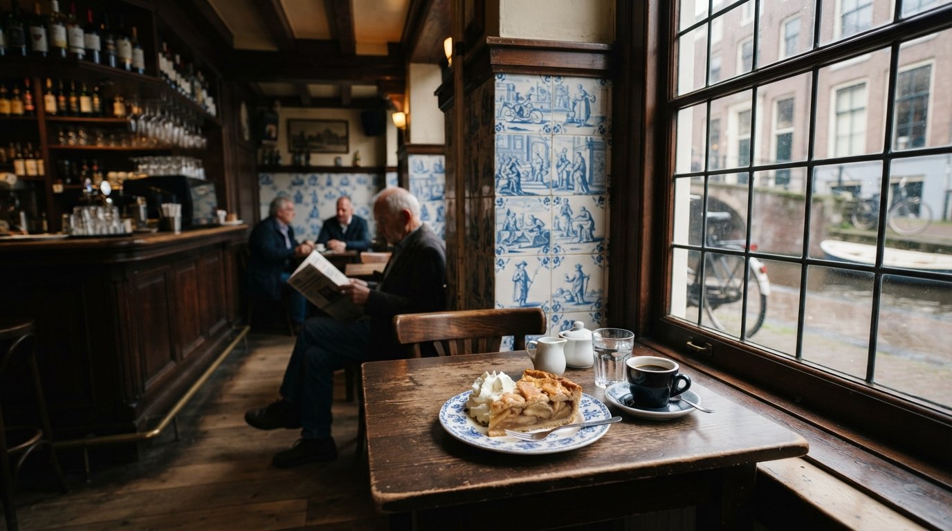 l'interno in legno scuro del Cafe 't Papeneiland con piastrelle di Delft, una fetta di torta di mele su un piatto e un caffè su un tavolino vicino alla finestra