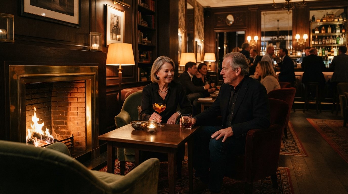 Pulitzer's Bar al Keizersgracht 234, sala cocktail Art Déco con poltrone davanti al camino, luce calda delle lampade e un drink classico sul tavolo