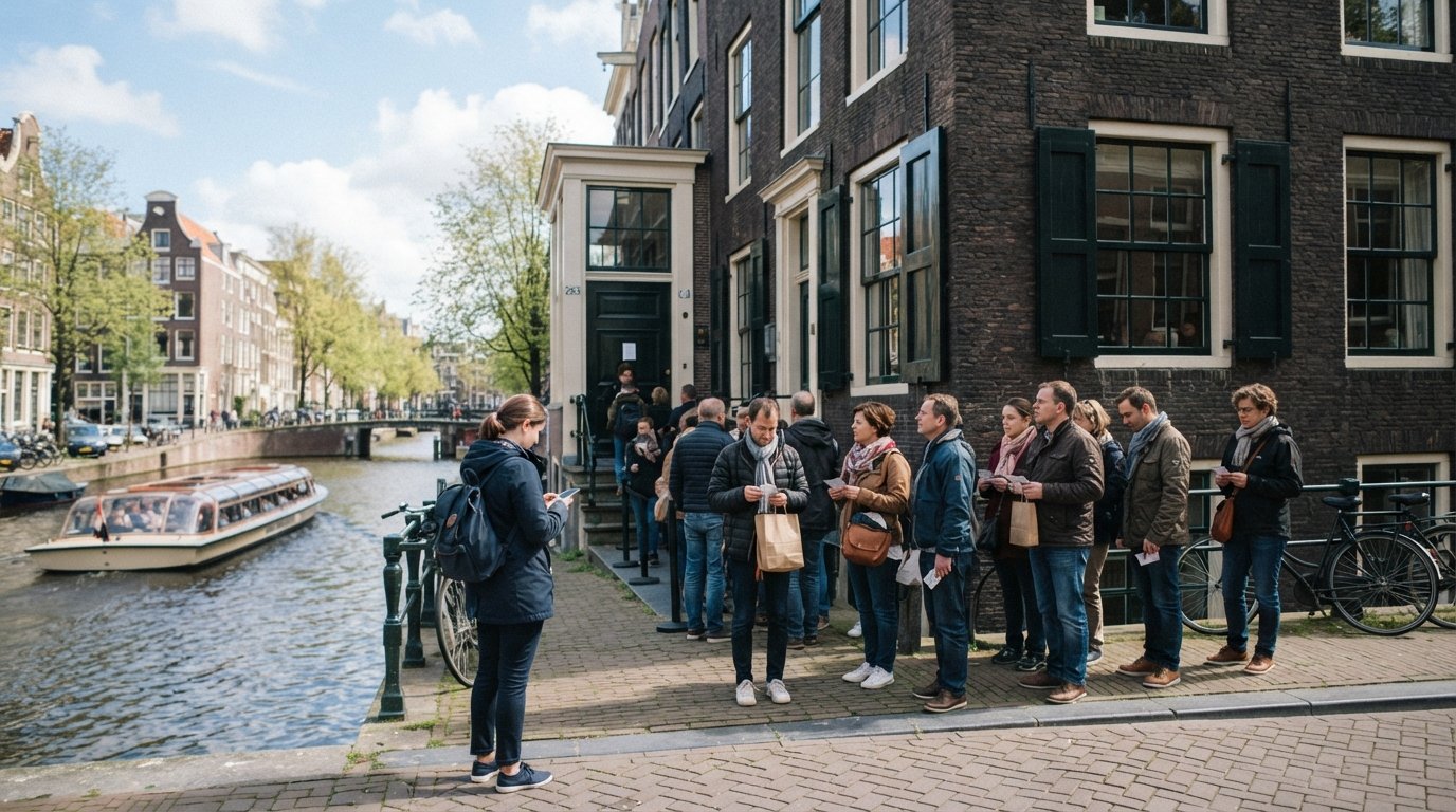 l'esterno della Casa di Anna Frank al Prinsengracht 263-267, visitatori radunati silenziosamente fuori in una luminosa mattina di Amsterdam