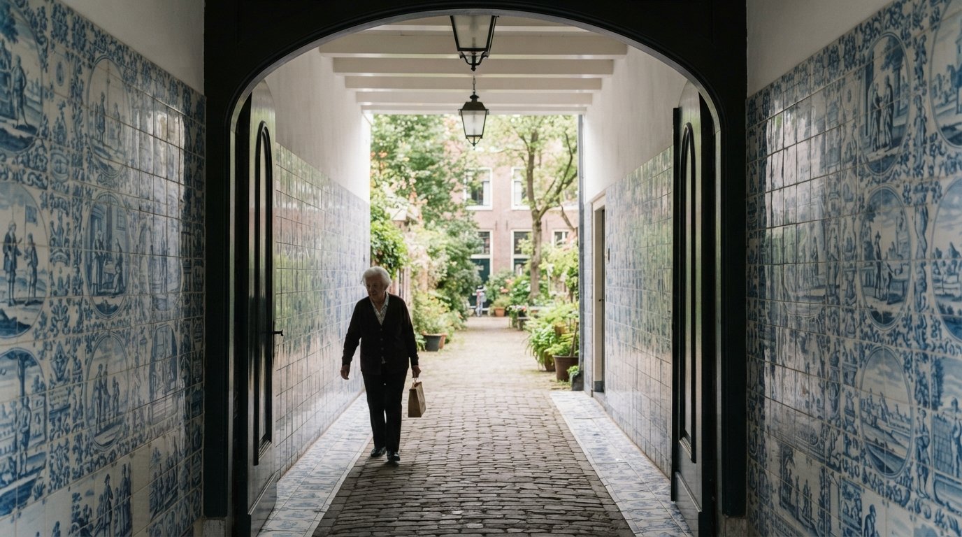 the blue-and-white Delft-tiled passage at Sint Andrieshofje on Egelantiersgracht 107–145, seen through a quiet entrance with soft daylight and no crowds