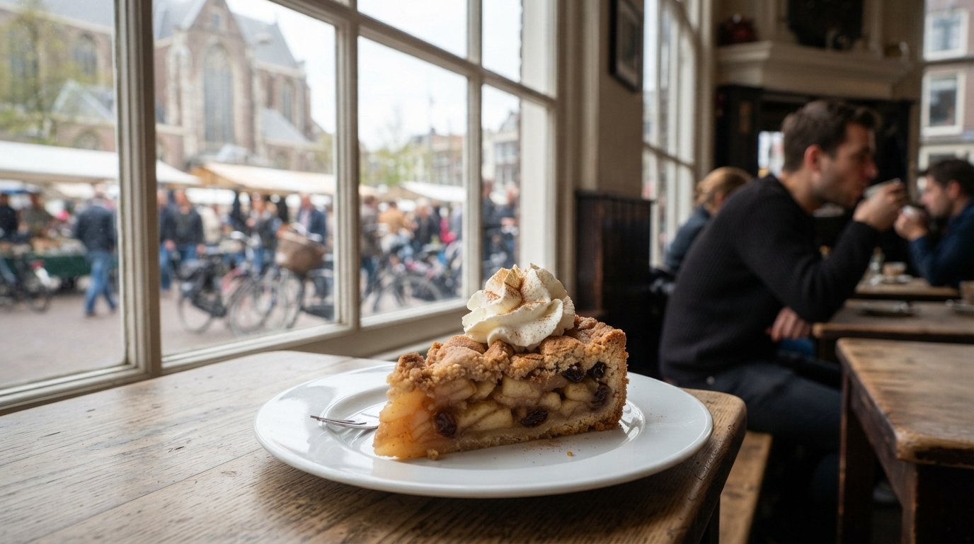 a slice of Dutch appeltaart at Winkel 43 on the Noordermarkt, thick apple filling under whipped cream on a simple white plate by the market window