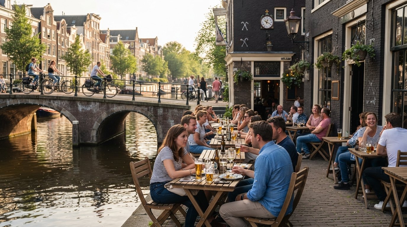 the canal-side terrace at Café ’t Smalle on the Egelantiersgracht, wooden tables beside the water with late-afternoon light and passing bikes