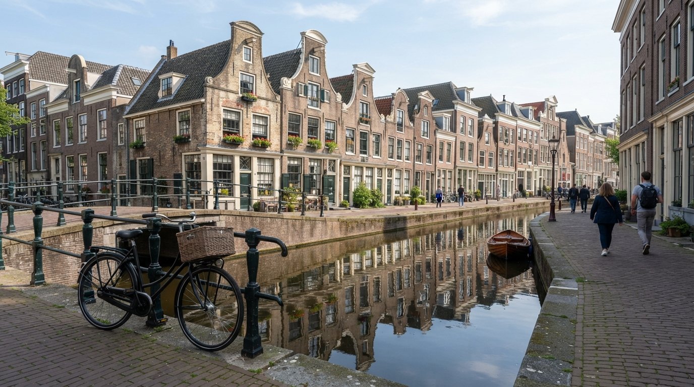 a quiet stretch of the Bloemgracht with step-gabled houses reflected in still water, late-morning light and a bicycle leaning by the bridge