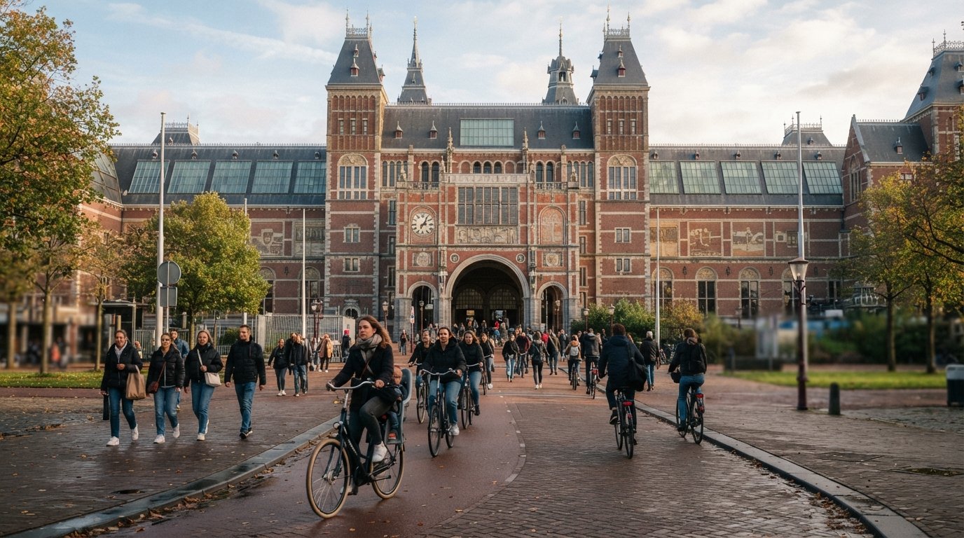 the Rijksmuseum’s red-brick neo-Gothic façade and central passage seen from Museumplein at soft morning light, cyclists and pedestrians moving through the arch