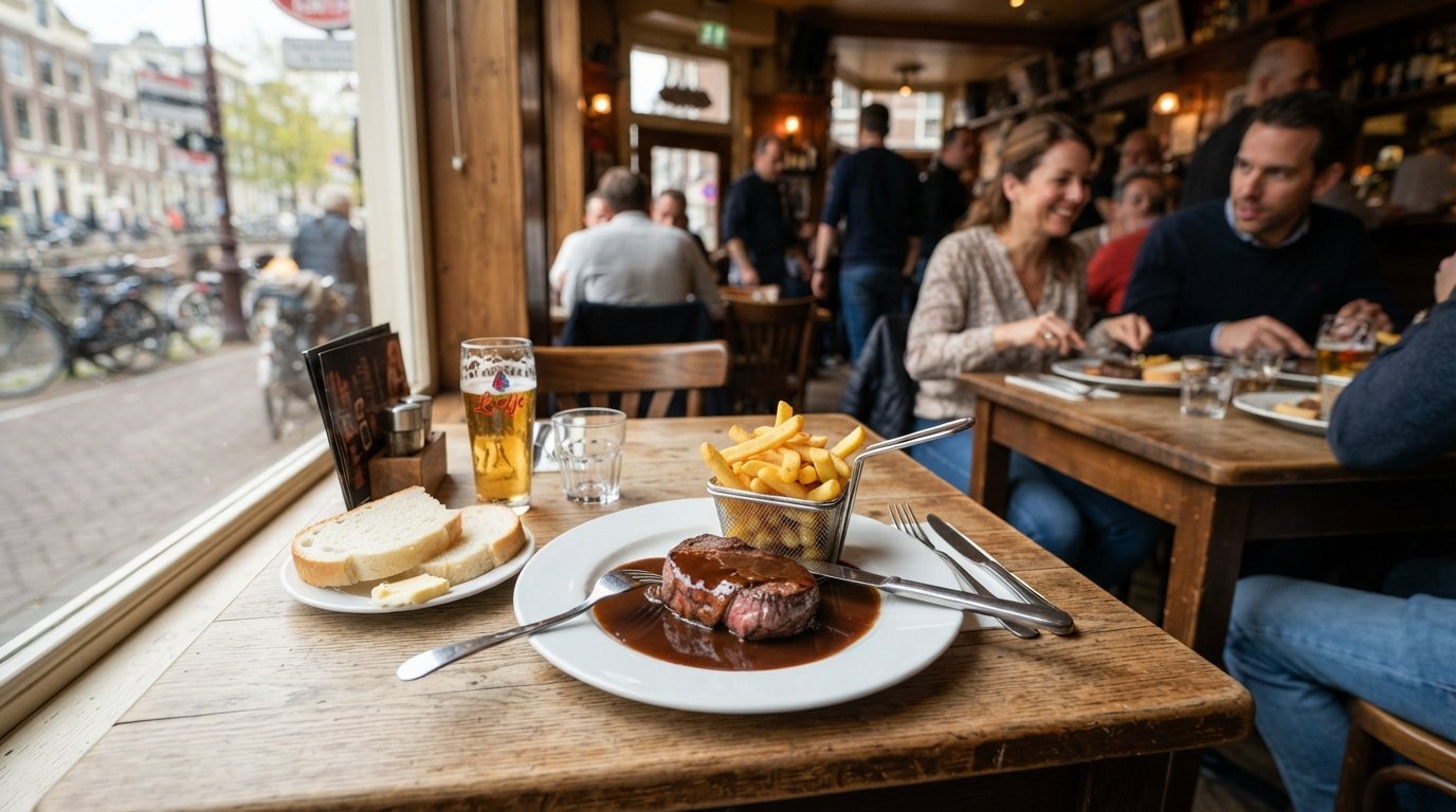 a Café Loetje tenderloin steak in glossy house gravy with soft white bread and fries on a simple table, the kind of no-fuss lunch that anchors a museum day