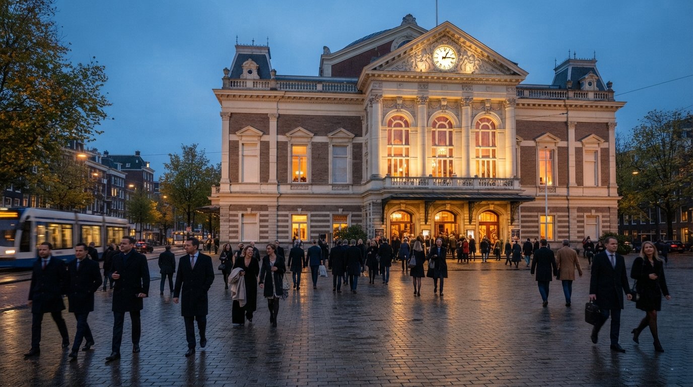 the Royal Concertgebouw’s stone façade at dusk with concertgoers crossing the square, warm window light and a calm pre-performance atmosphere