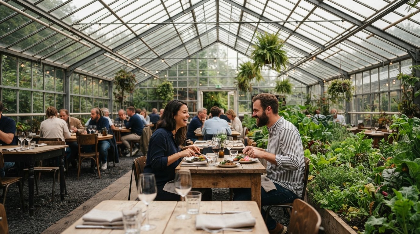 De Kas in Park Frankendael, the 1926 greenhouse restaurant under an eight-metre glass roof with planted beds visible beside the dining room
