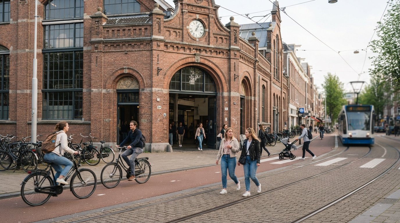 de bakstenen buitenkant en ingang van De Hallen in Oud-West, met fietsers en voetgangers die de Kinkerstraat oversteken in zacht middaglicht