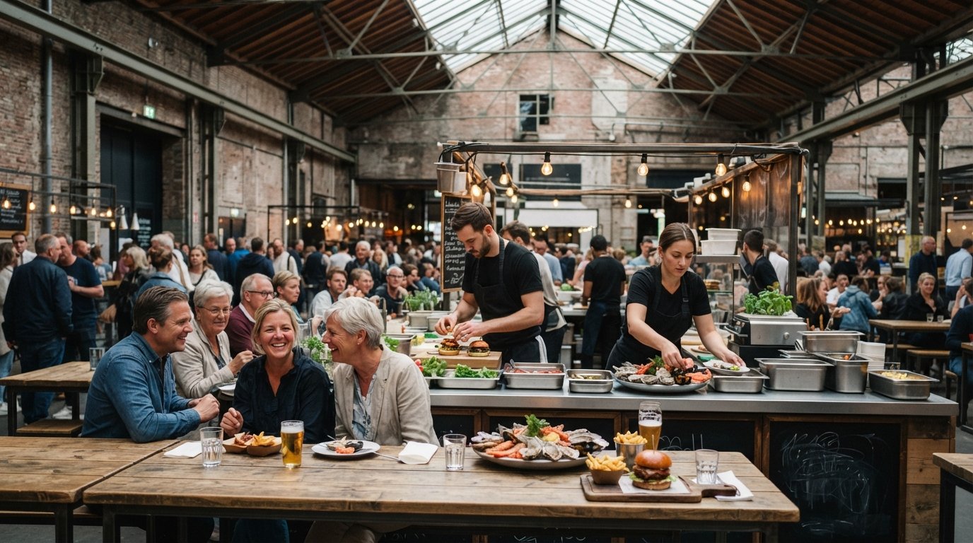 een drukke Foodhallen-toonbank in De Hallen, met burgers, zeevruchtenschotels en gedeelde tafels onder het hoge industriële dak van het depot