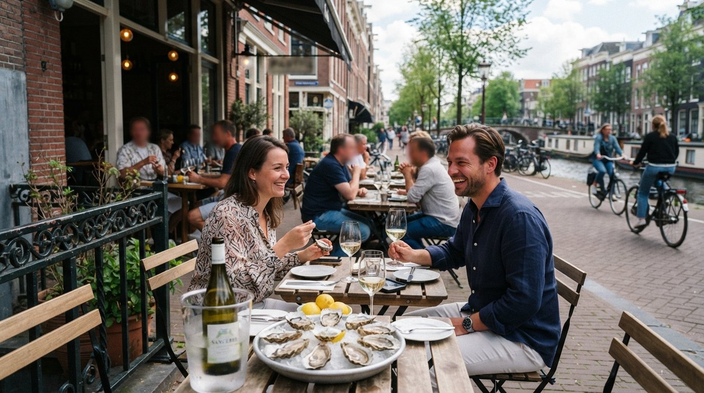 het terras van Pastis op 1e Constantijn Huygensstraat, tafels gedekt voor oesters en wijn naast de straat