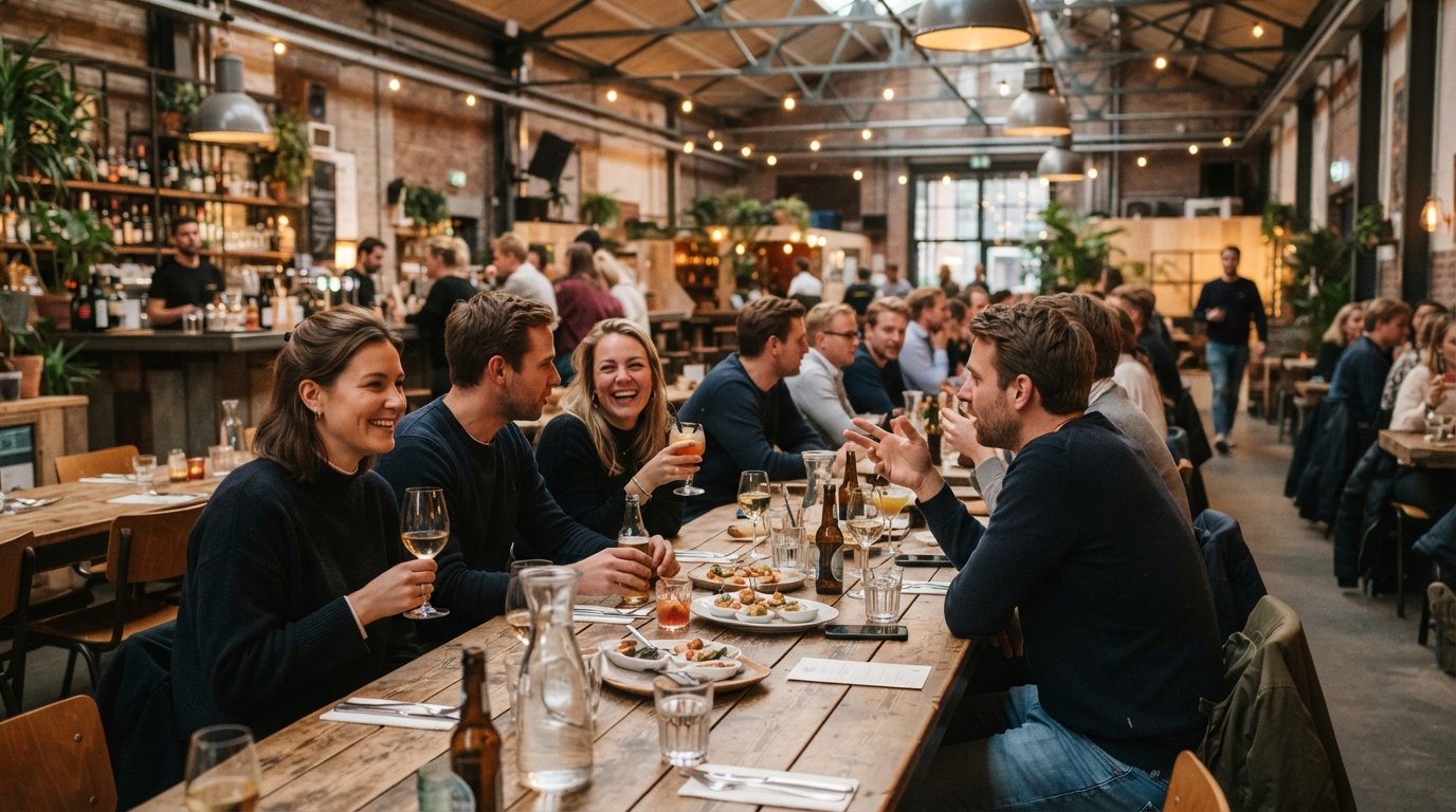 het interieur van de Kanarie Club in De Hallen, met drankjes, warme verlichting en etende borrelaars aan lange tafels