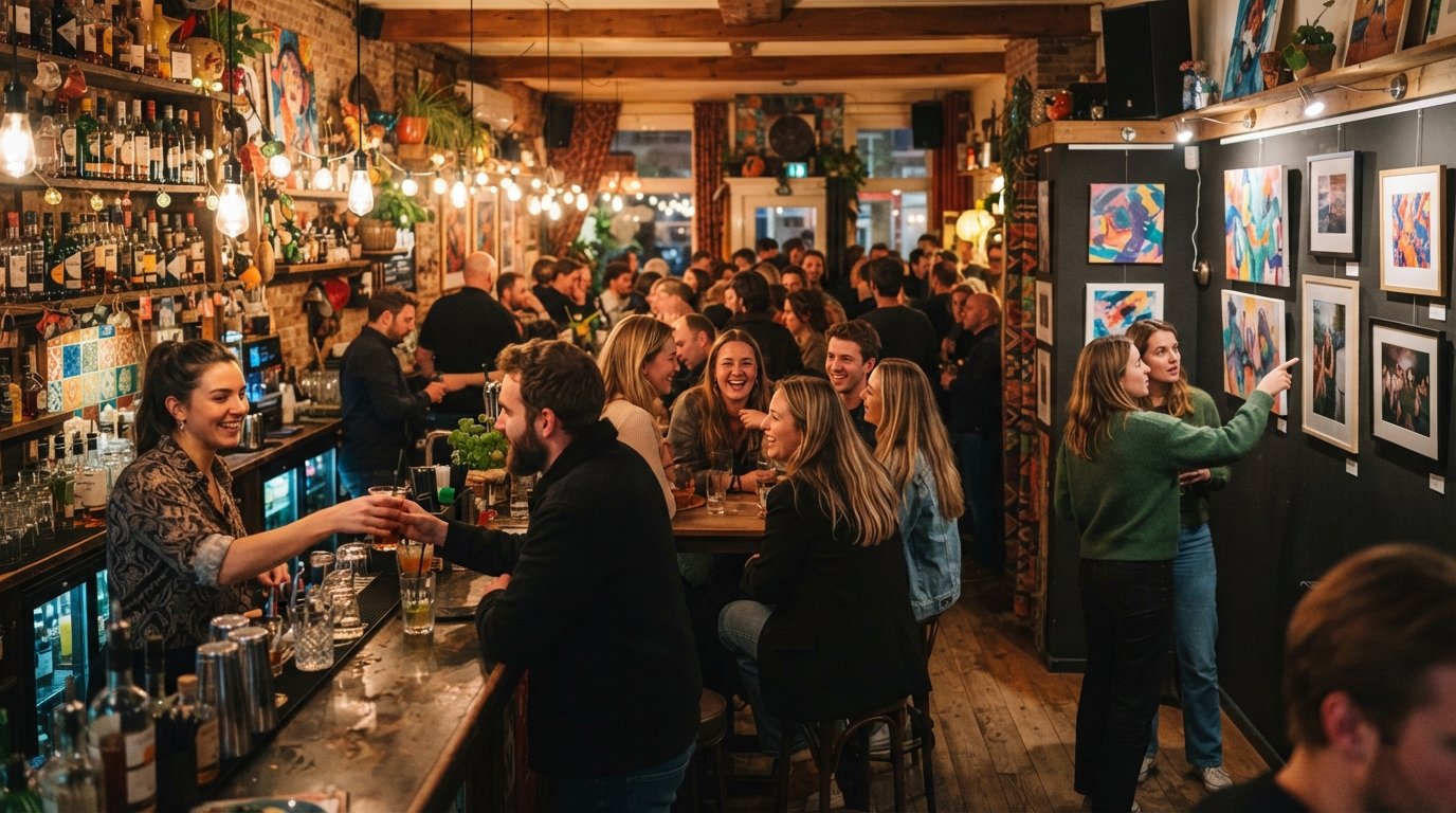 Bar Bario’s uitnodigende barruimte met kleurrijke details, een kleine galerijhoek en mensen verzameld voor een avondevenement