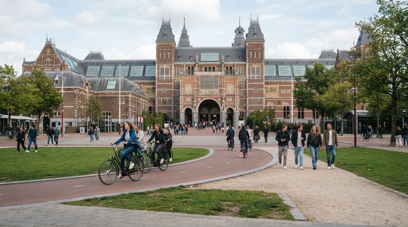 Museumplein in Amsterdam-Zuid with the Rijksmuseum’s brick arches, cyclists crossing the open square and the museum lawn in soft daylight