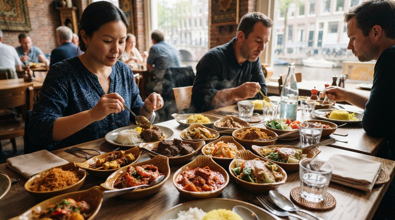 a richly set rijsttafel at Restaurant Blauw with boat-shaped bowls of rendang, shrimp belado, acar and gado gado on a crowded table