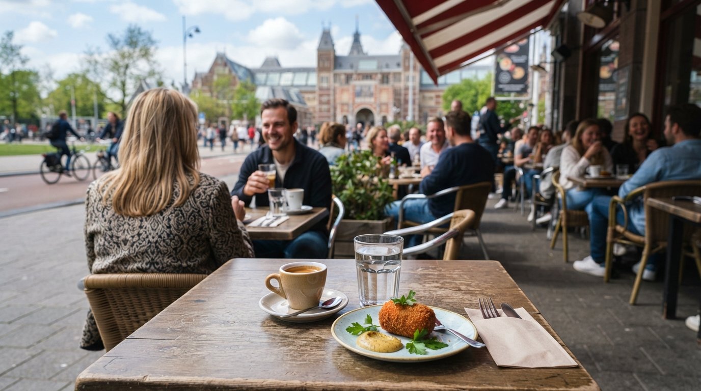 the Museumplein-facing terrace at Cobra Café on Hobbemastraat, with coffee cups and a wild-mushroom croquette in the foreground