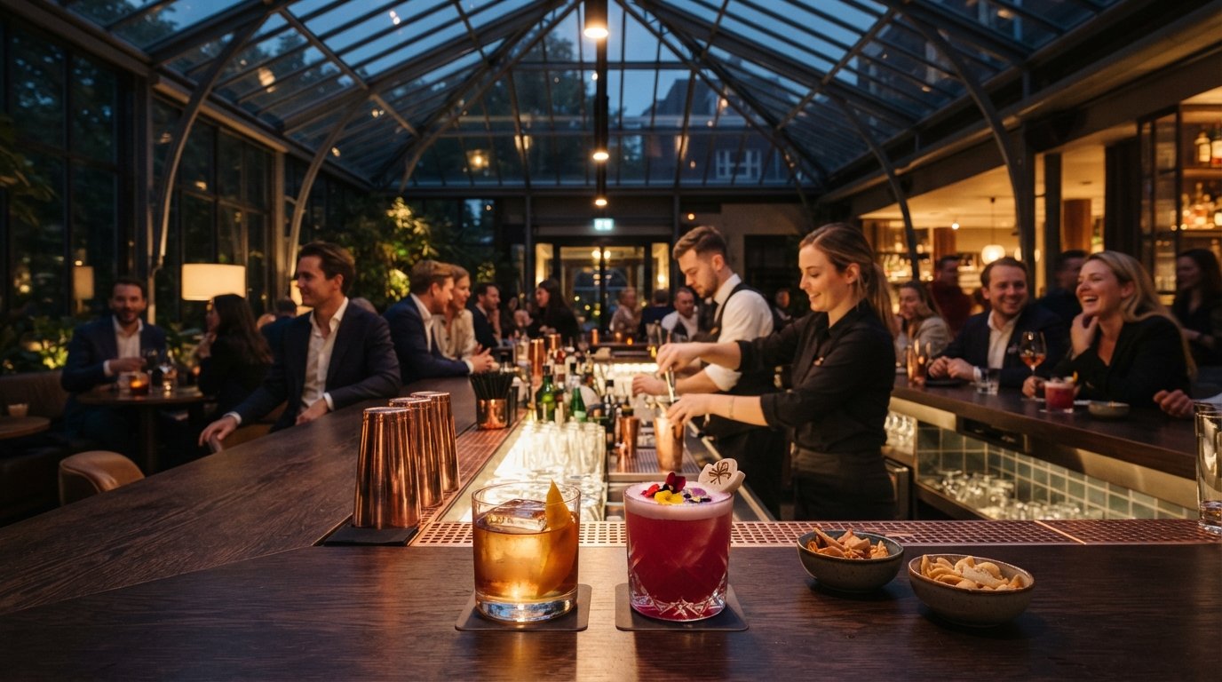 the Taiko Bar inside the Conservatorium Hotel, with Tokyo-inspired cocktails glowing under warm light in a sleek former conservatory space