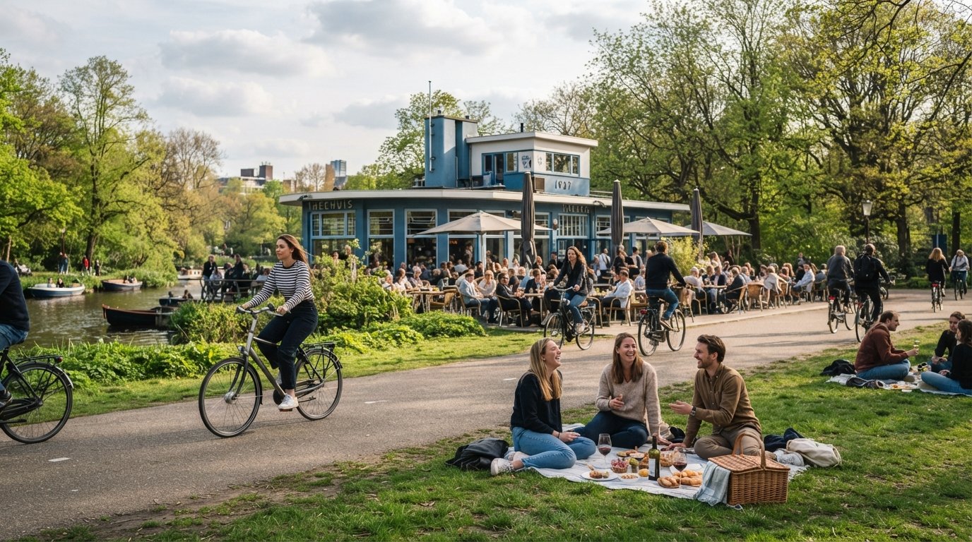 cyclists and picnickers in the Vondelpark near ’t Blauwe Theehuis, with the modernist pavilion and spring greenery in bright afternoon light